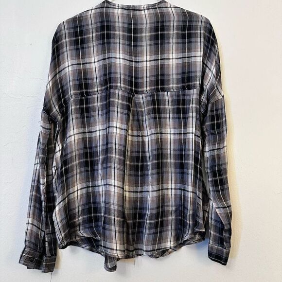 Hyfve Plaid Relaxed Fit Long Sleeve Lace Up Front Top Black Gray Size Medium - Picture 3 of 4